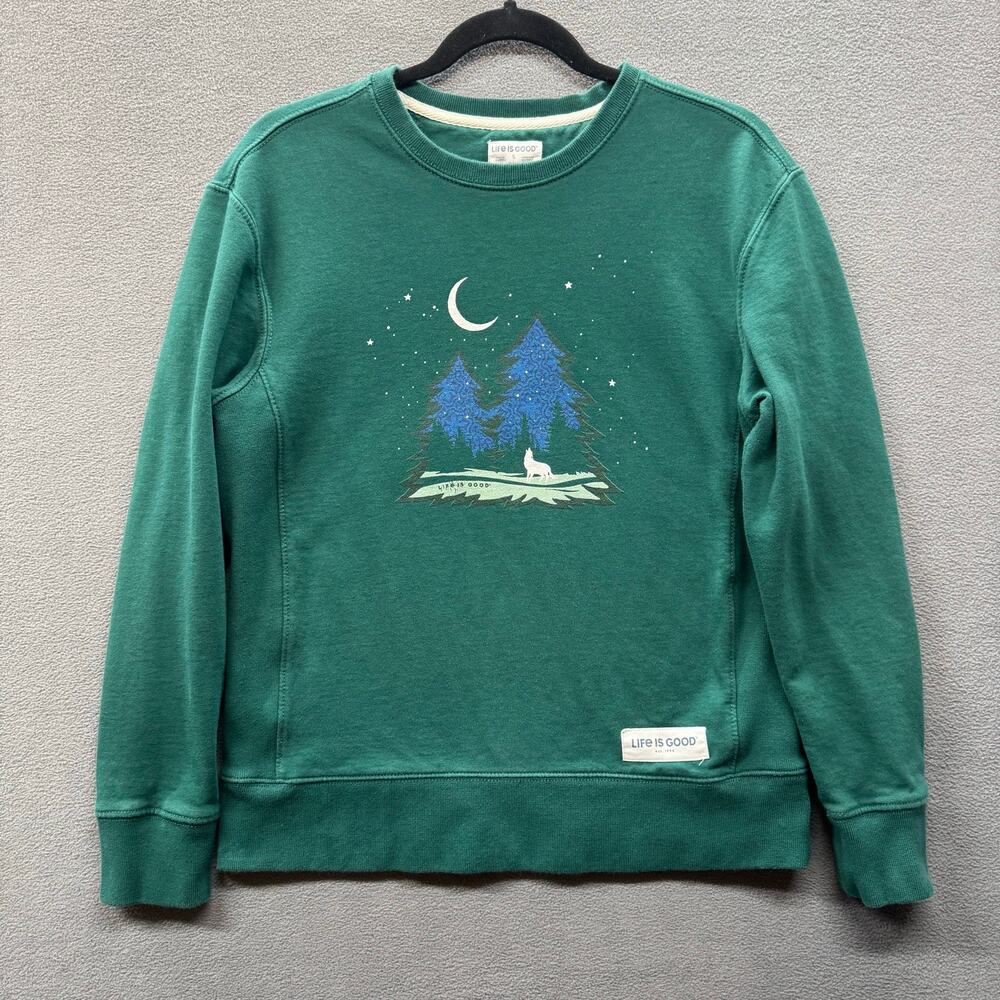 Life Is Good Wolf Moon Woods Crew Neck Pullover Sweatshirt Womens‎ S Green Gorp